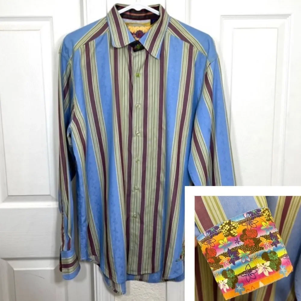 Robert Graham Button Down Shirt Flip Cuff Blue Green Striped Retro Size L